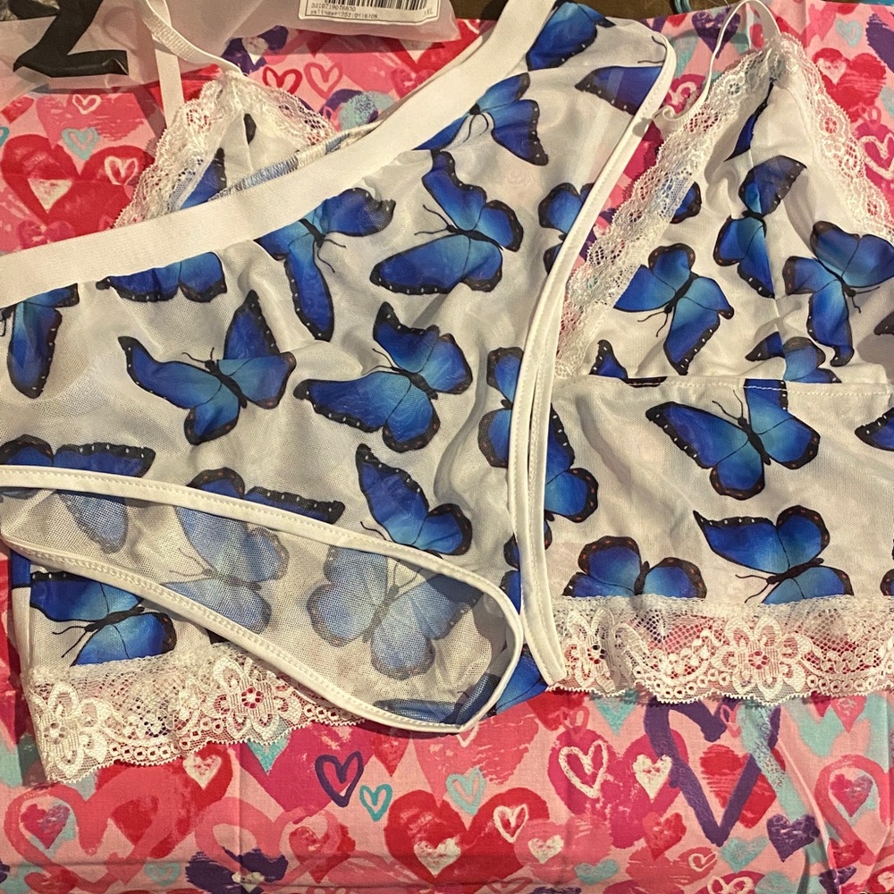Sheer White Blue Butterfly Lace Trim Lingerie Set size 3XL